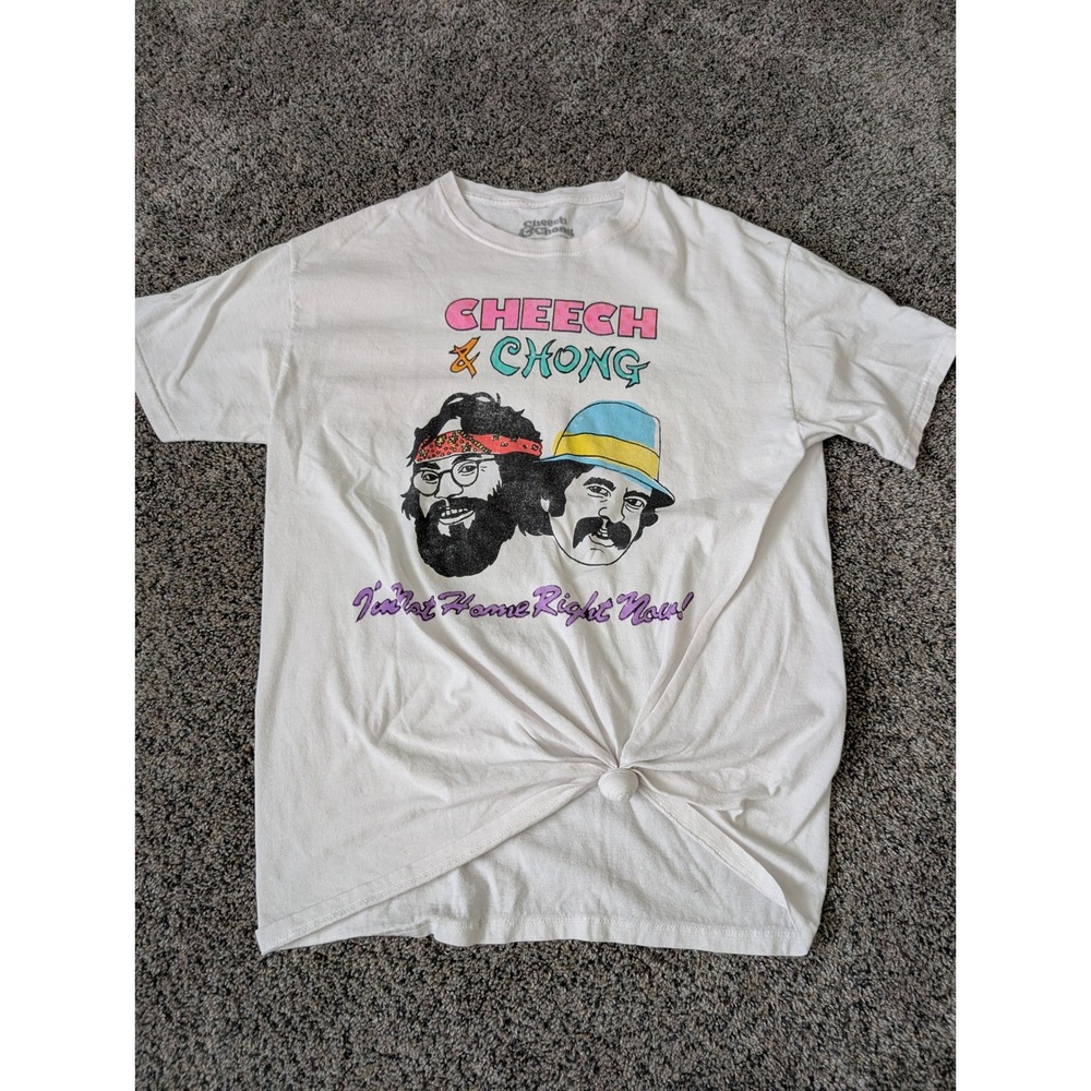 Cheech & Chong Graphic T-Shirt White I'm Not‎ Home Right Now Front Knot S/M